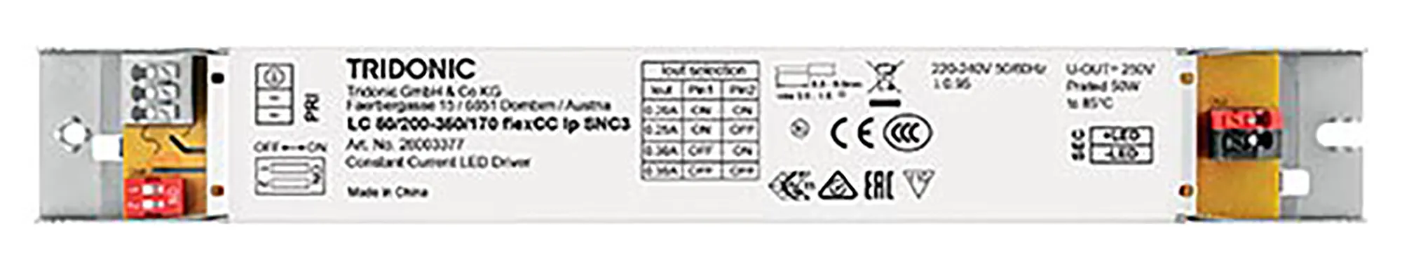 50W 200-350mA flexCC lp SNC3, Constant Current Fixed current LED Driver, 72-170Vdc out put, IP20. 28003377  Tridonic LC